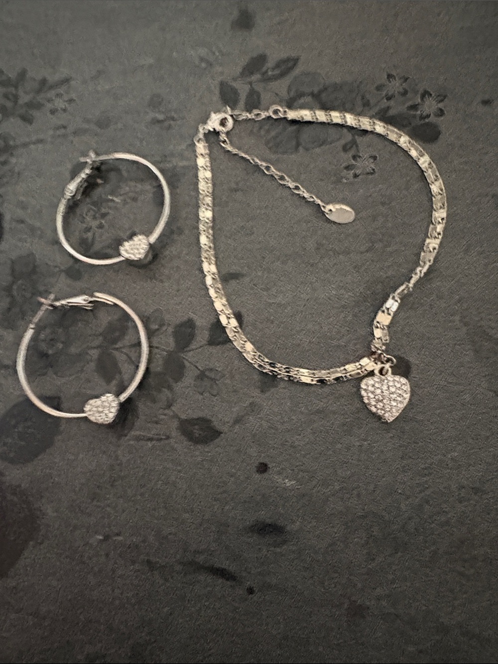 HEART SILVER-TONE CRYSTAL PAVE LOOP LEVERBACK EARRINGS AND HEART ANKLET SET